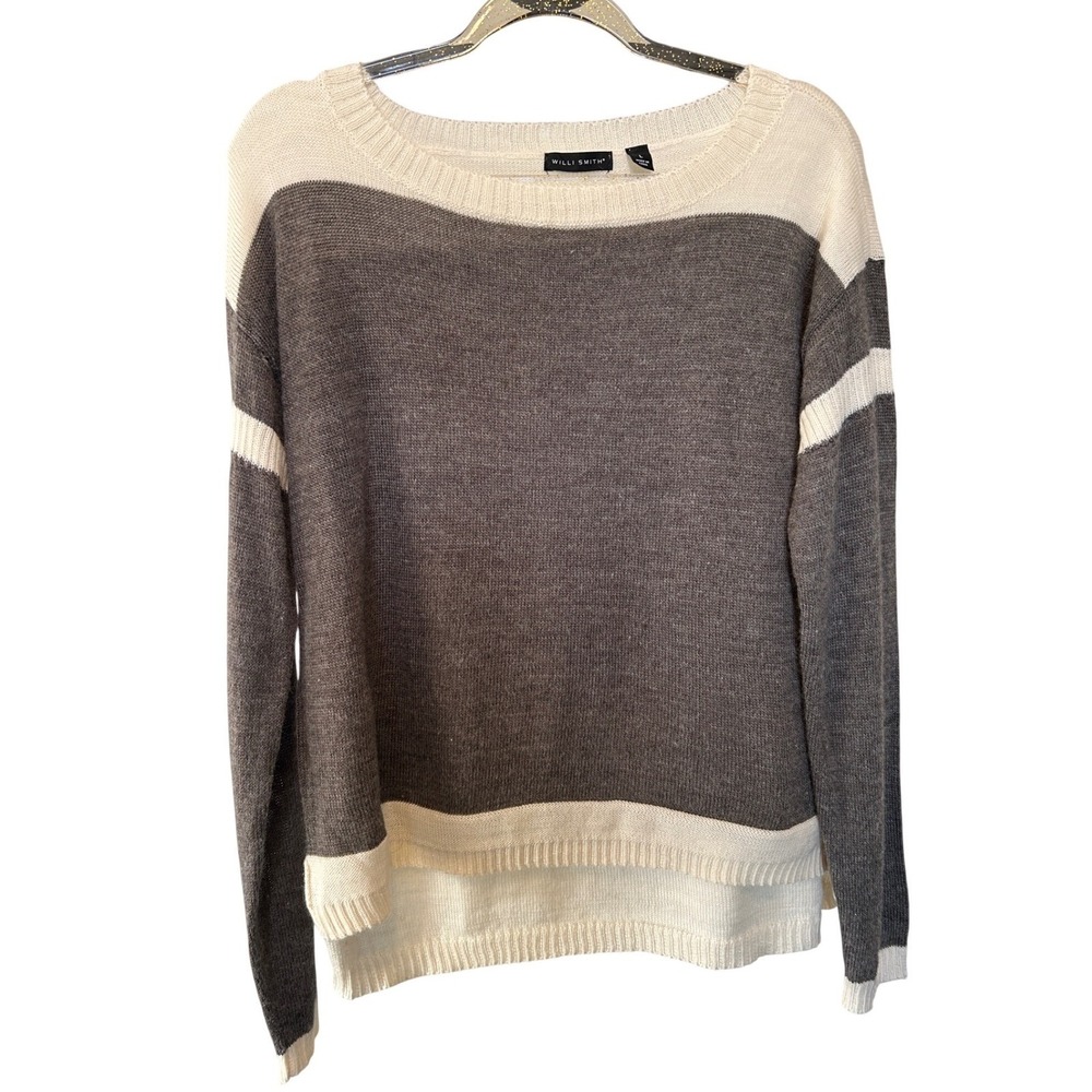 WILLI‎ SMITH Womens Striped Knit Sweater Long Sleeve Boat Neck Ivory Gray L
